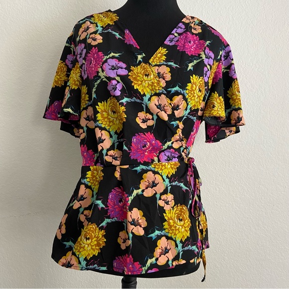Topshop Floral Cinch And Flare Wrap Blouse With Flutter Sleeves Size 6 - Picture 11 of 11